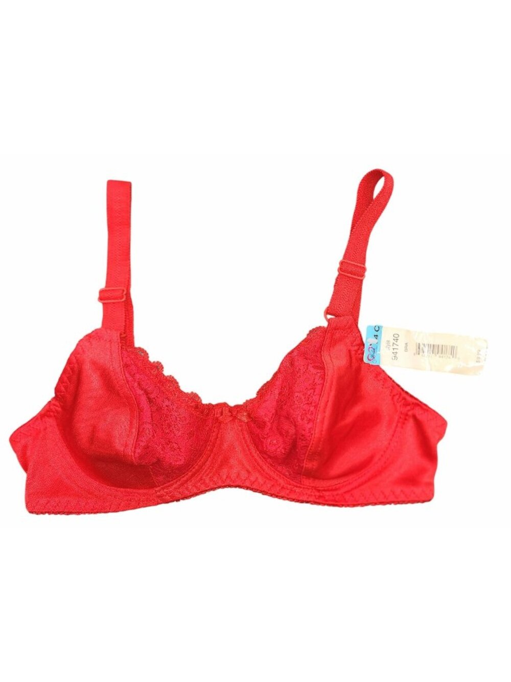 Vintage Women's NOS NWT Jolie Intimates Red Half Lace Bra 34C Underwire Wide Str